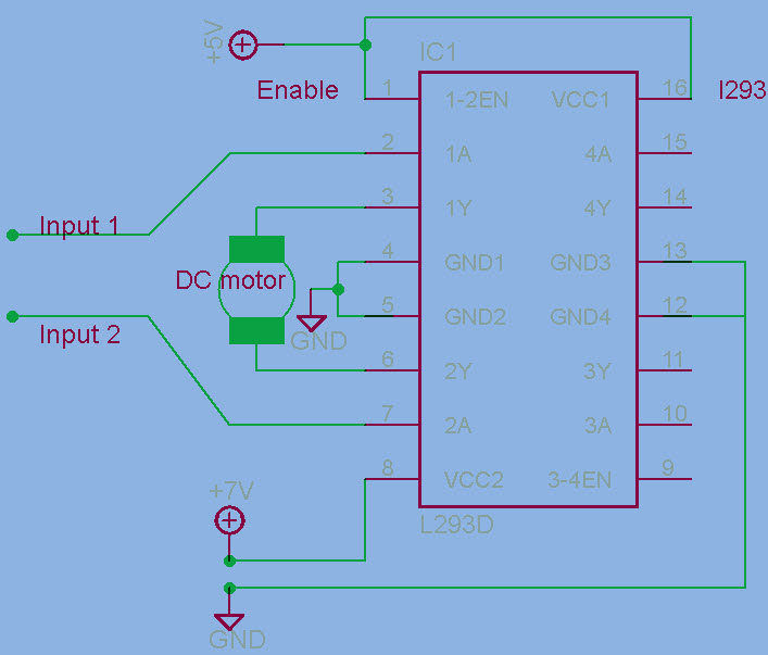 采用L293D集成电路的h桥电机电路