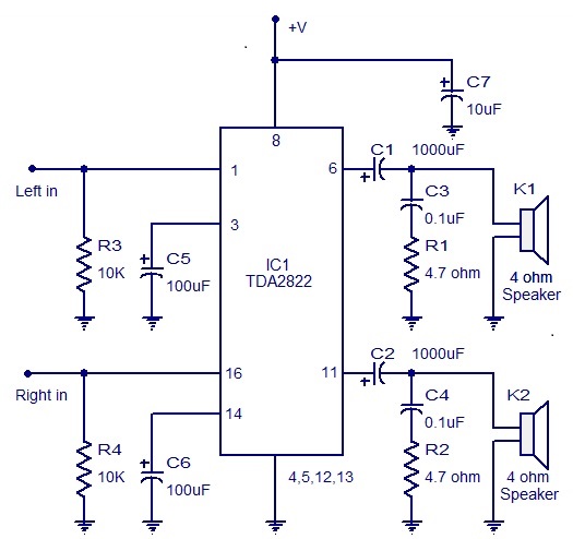 立体声模式的放大电路采用TDA2822